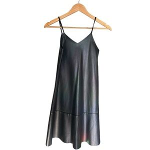 🔴Zara Womens Faux Leather Solid Black V Neck Strap Tank Skater Dress size 9